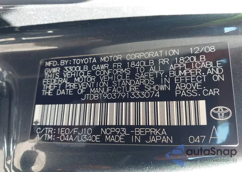 2009 Toyota Yaris from USA, damaged, VIN JTDBT903791333074